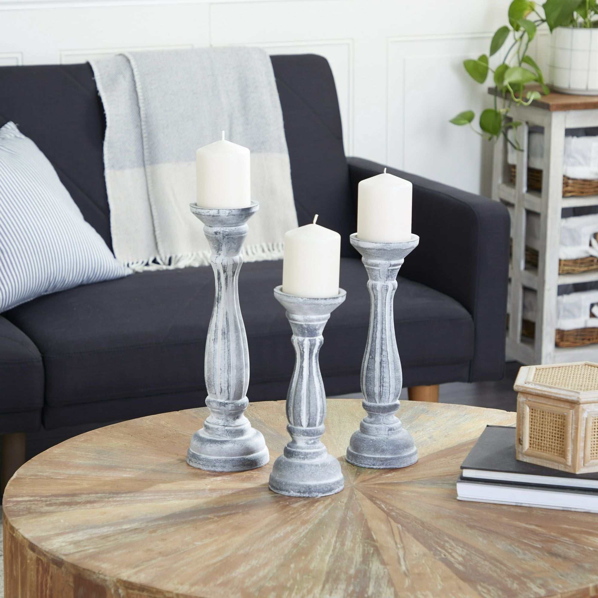DecMode Traditional Gray Carved Wood Candle Holder with Whitewashed Finish, Set of 3 15", 13", 11"H EasyOptionXY LLC
