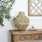 DecMode 17" Handmade Woven Brown Plastic Rattan Vase with Black Metal Base