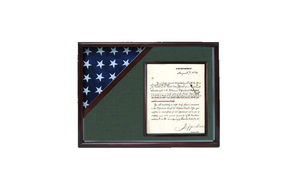 Shadow box for 3' x 5' flag with 8.5 x 11 Document holder, Cherry Finish The Military Gift Store