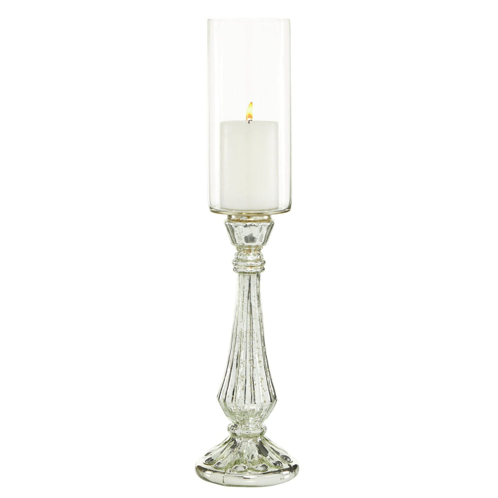 DecMode Silver Glass Handmade Turned Style Pillar Hurricane Lamp with Faux Mercury Glass Finish