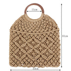 Popula Cotton Rope Hollow Straw Bag Sheer Macrame Tote wooden ring rattan handle Net Bag Vintage Retro Chic handbag Pi-Mart