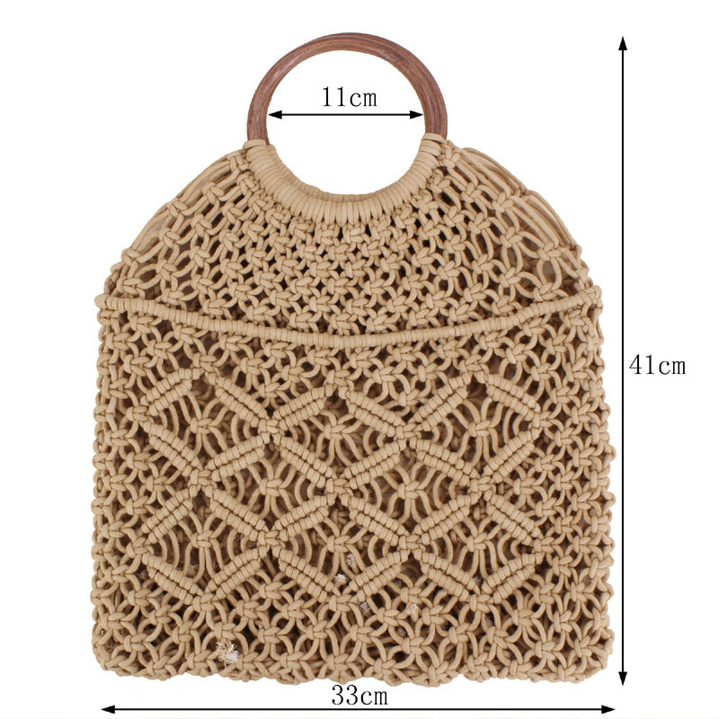 Popula Cotton Rope Hollow Straw Bag Sheer Macrame Tote wooden ring rattan handle Net Bag Vintage Retro Chic handbag Pi-Mart
