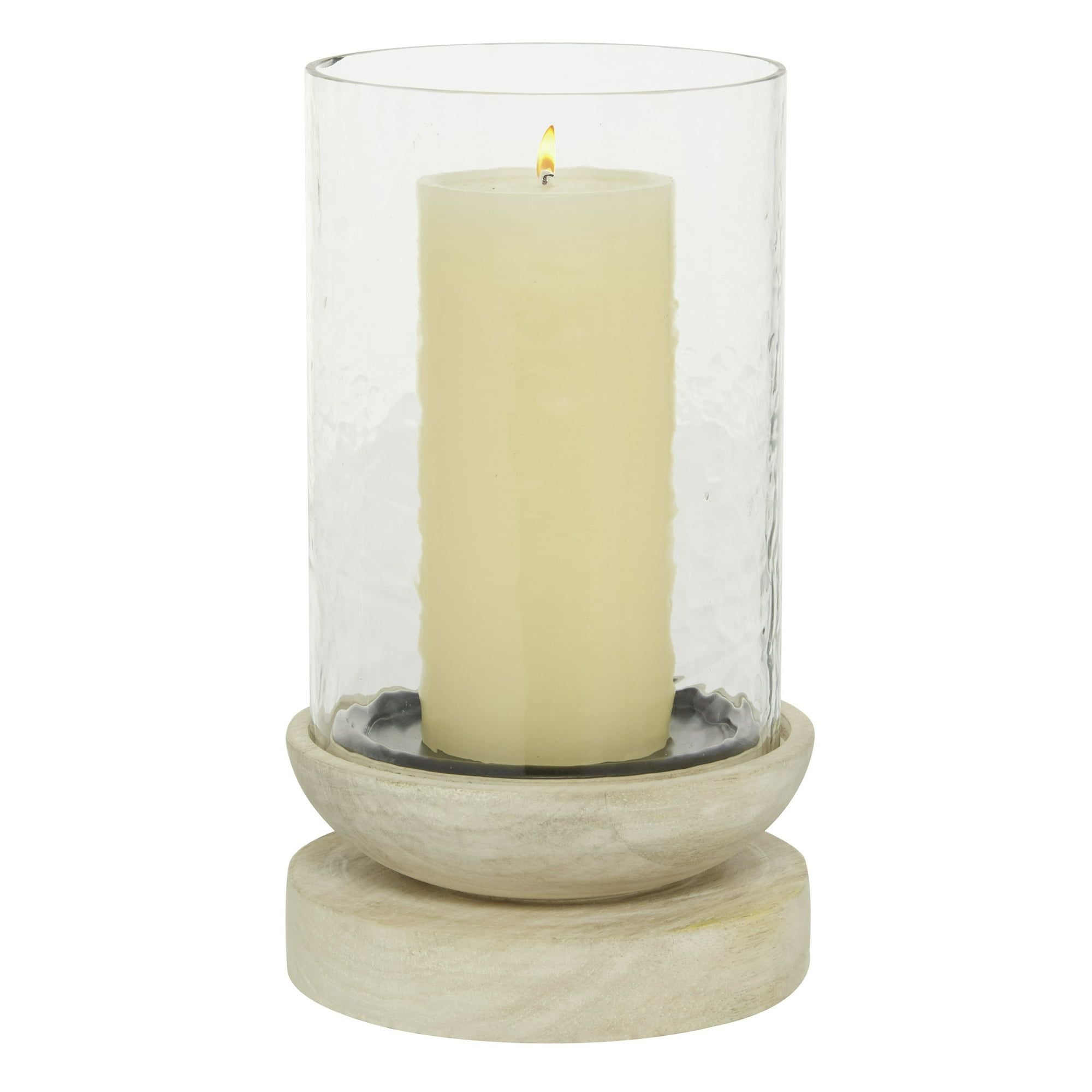 DecMode Cream Wood Single Candle Hurricane Lamp