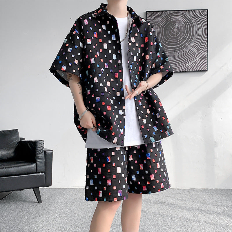 Summer New Chessboard Plaid Shirt Short Sleeve Shorts Suit Lootquake LLC
