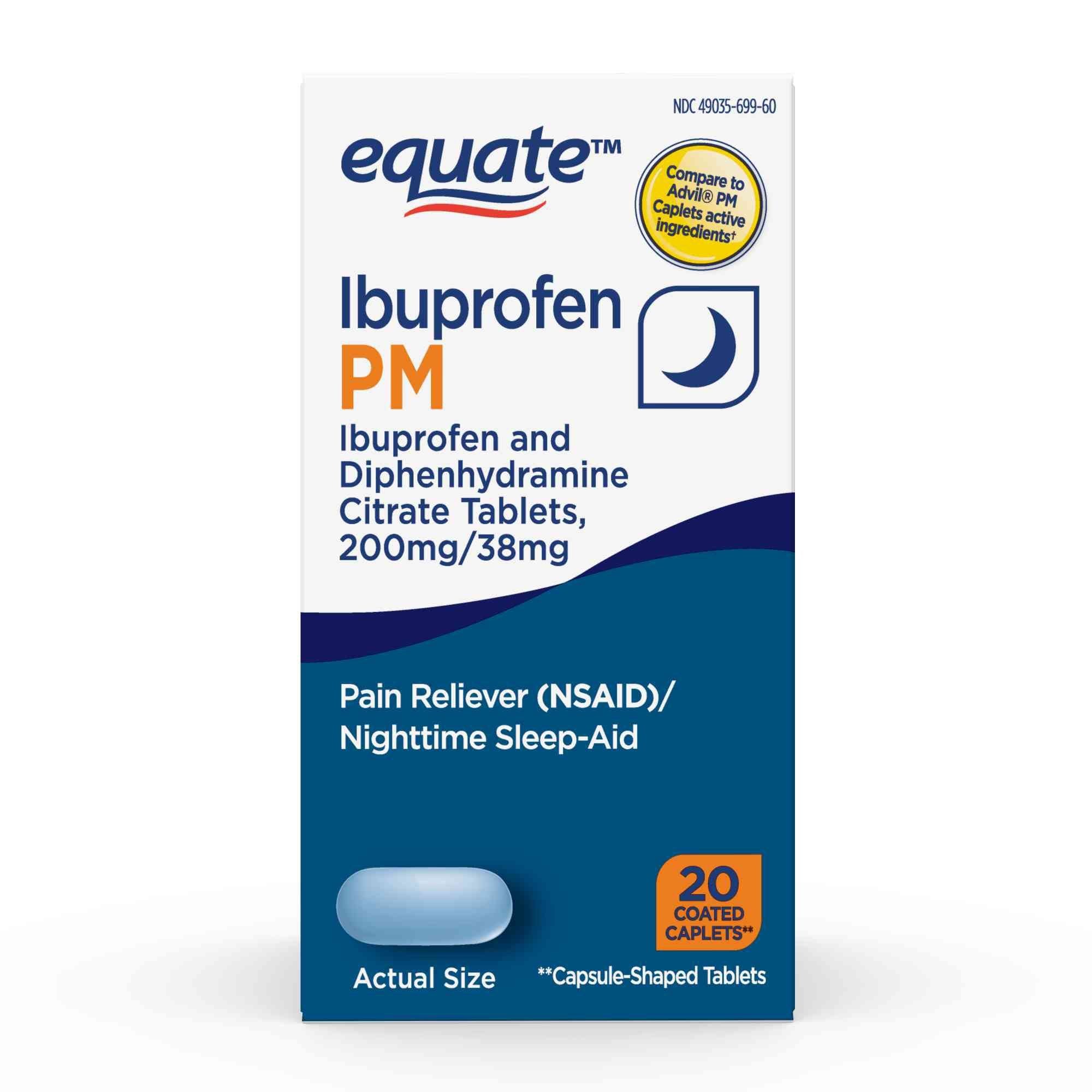Equate Ibuprofen PM Ibuprofen and Diphenhydramine Citrate; 200 mg/38 mg; 20 Count Caplets