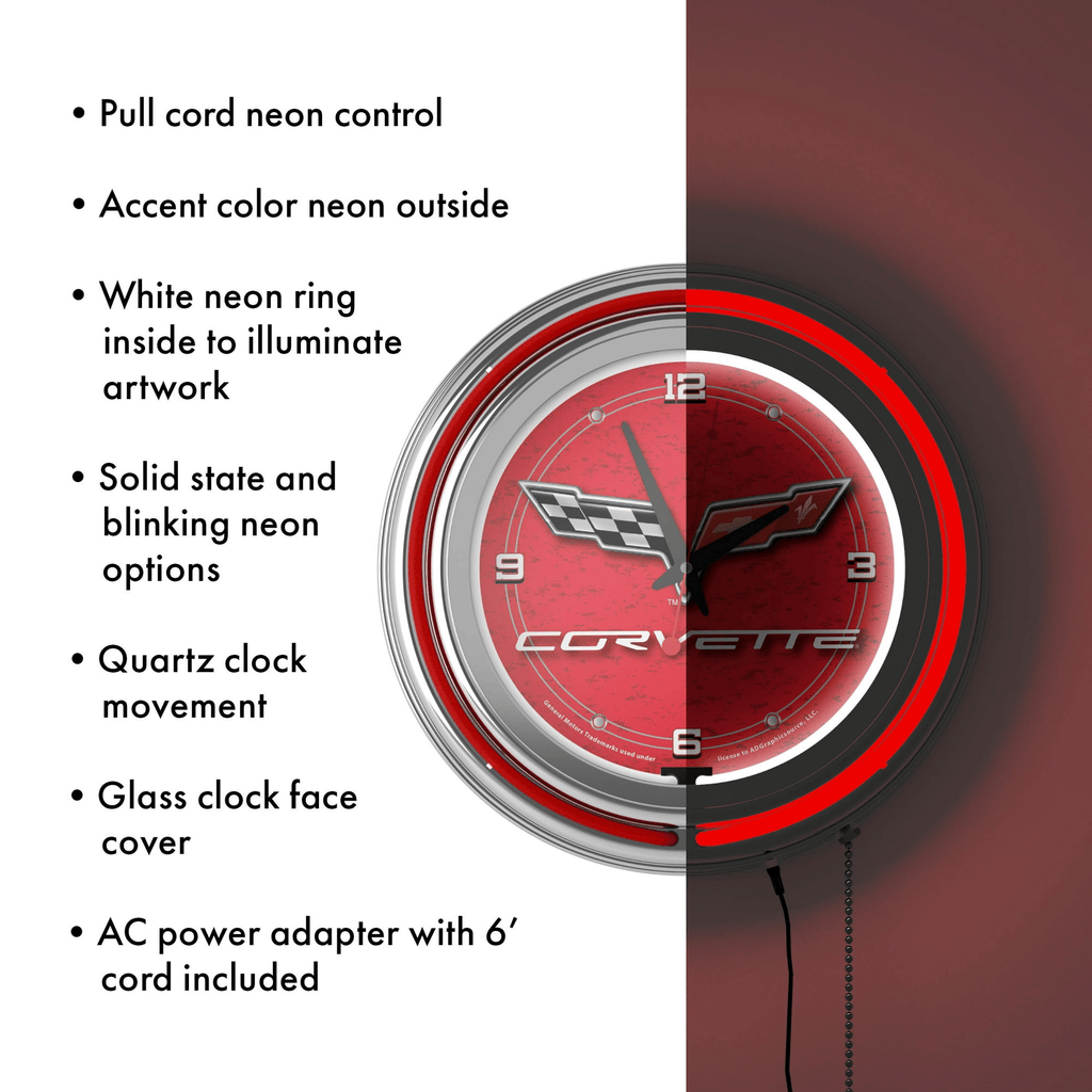 Corvette C6 Neon Clock - 14 inch Diameter - Red