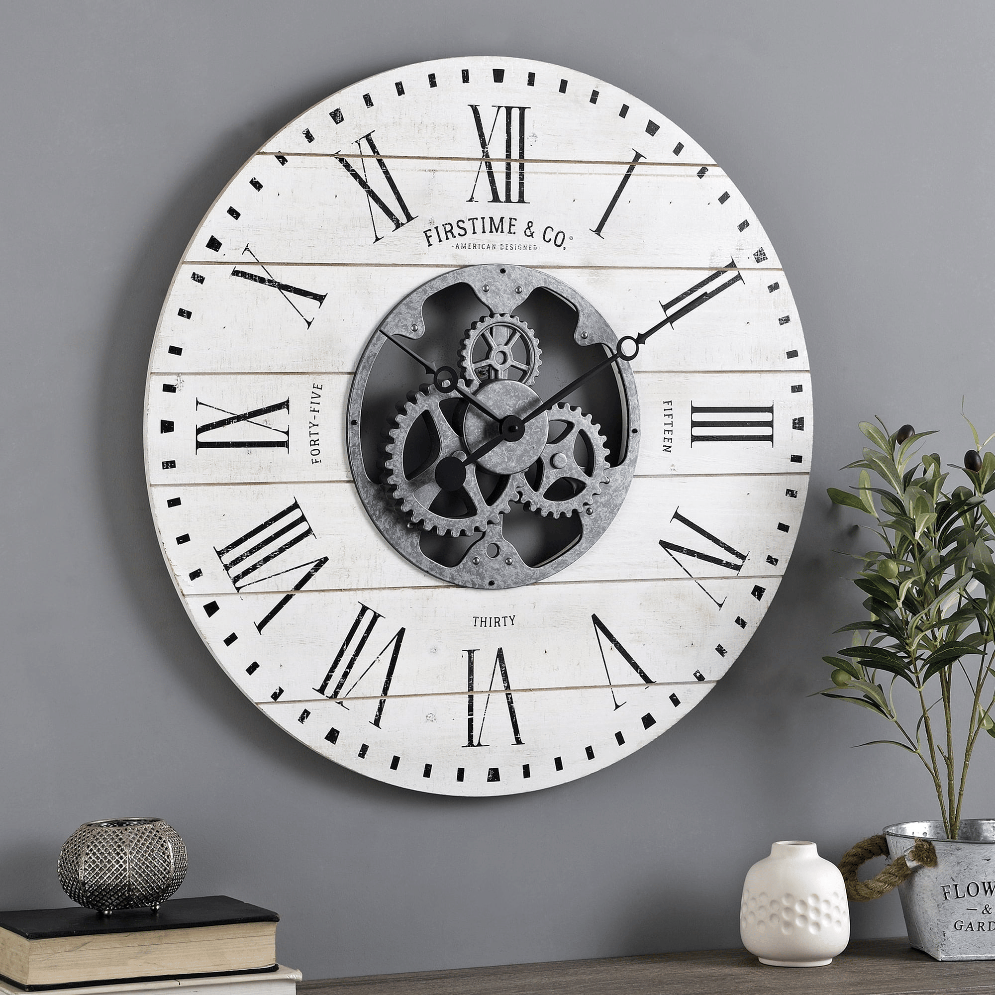 FirsTime & Co. White Shiplap Gears Wall Clock, Farmhouse, Analog, 27 x 2 x 27 in EasyOptionXY LLC