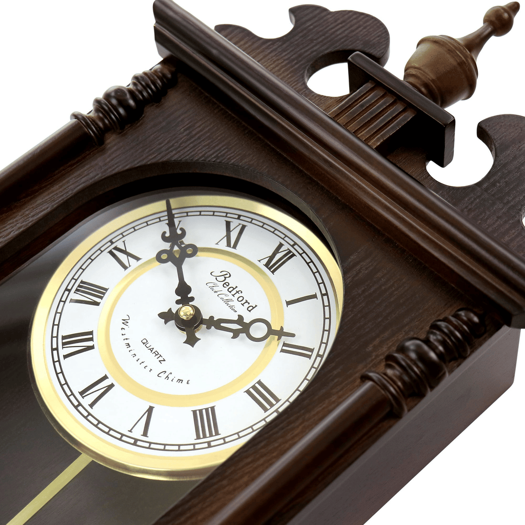 Bedford Clock Collection Leo 21 Inch Chestnut Brown Wood Chiming Vintage Pendulum Wall Clock EasyOptionXY LLC