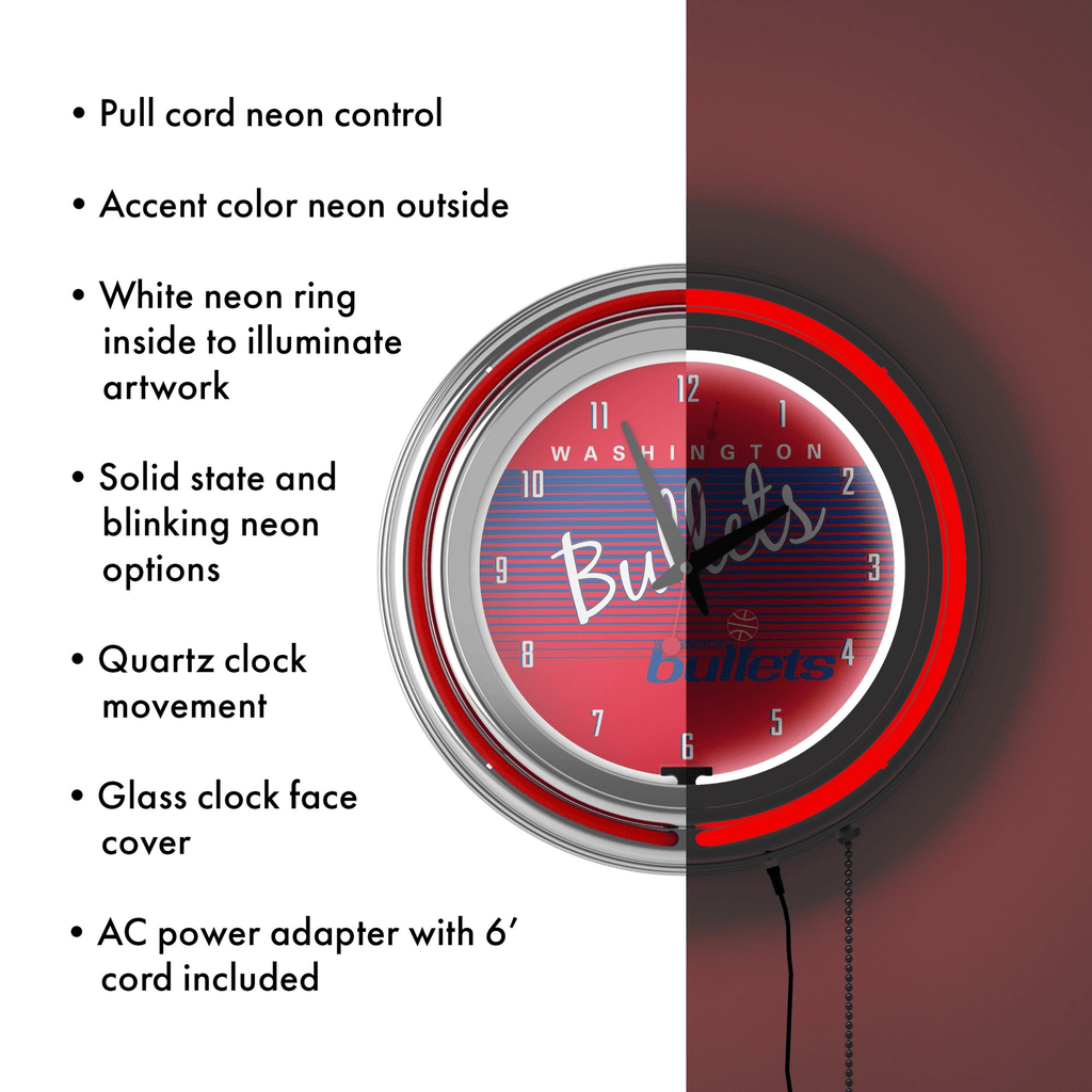 Washington Bullets Hardwood Classics NBA Chrome Neon Clock
