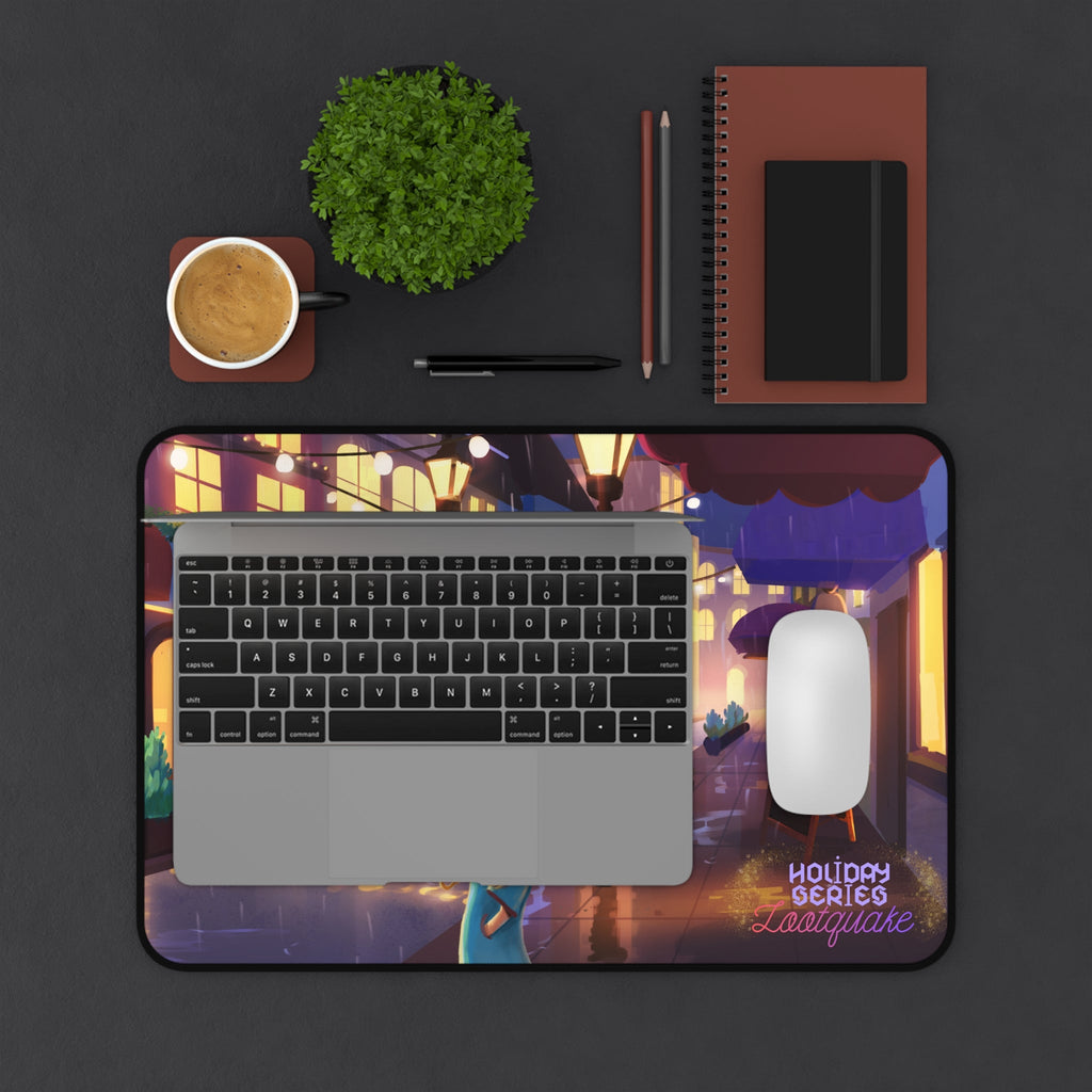 Desk Mat - Mousepad with Cozy Rainy Street Illustrations (Lootquake Holiday Series) Lootquake LLC