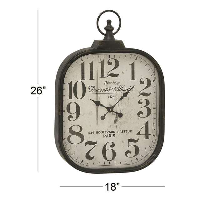 DecMode 18" x 26" Black Metal Distressed Pocket Watch Style Wall Clock with Ring Finial