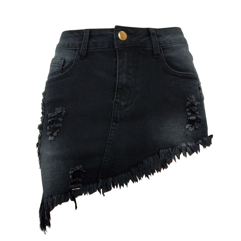 Western Style women's Short Wear Irregular Jeans With holes denim skirt for summer SHOMICOBOUTIQUE