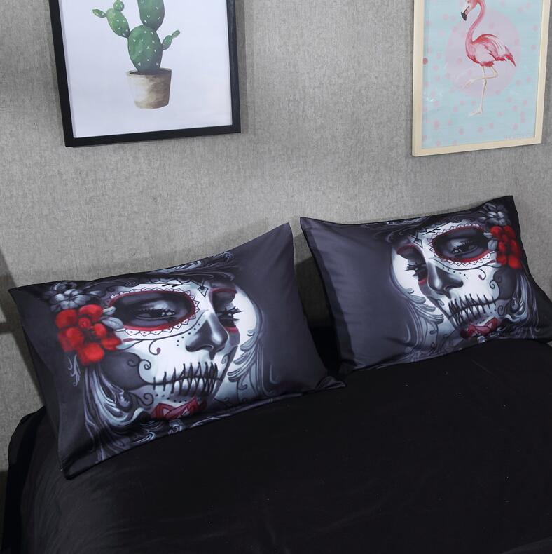 Black Skull Bedding Set Halloween Style Bed Sheet Queen King Double Bed Linen Cotton Blend Flower Skull Duvet Cover Set Pi-Mart