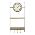 Woven Paths 16" x 5.75" x 32.25" Metal Wall Clock with Natural Wood Shelves and Hooks