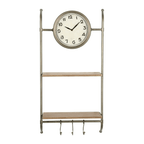 Woven Paths 16" x 5.75" x 32.25" Metal Wall Clock with Natural Wood Shelves and Hooks