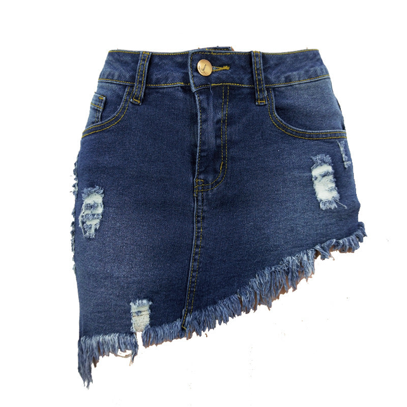Western Style women's Short Wear Irregular Jeans With holes denim skirt for summer SHOMICOBOUTIQUE