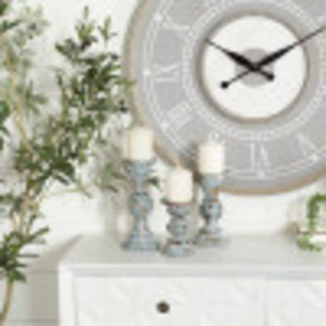 DecMode 3 Candle Light Blue Wood Candle Holder, Set EasyOptionXY LLC