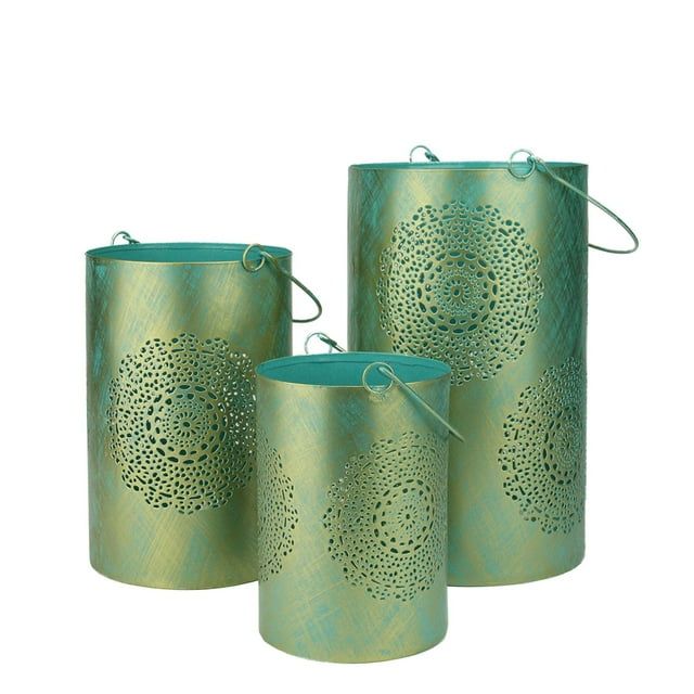 Set of 3 Turquoise Blue and Gold Decorative Floral Cut-Out Pillar Candle Lanterns 10"