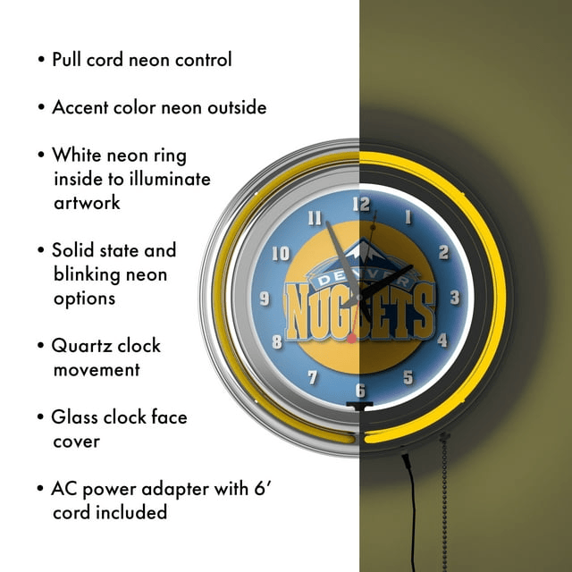 Denver Nuggets NBA Chrome Double Ring Neon Clock EasyOptionXY LLC