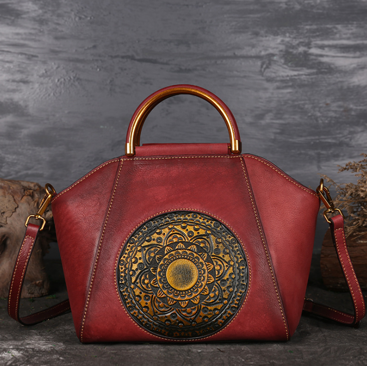 Genuine Embossed Leather Messenger Top Handle Bag Retro Handbag Totem Pattern High Quality Natural Skin Women Shoulder Tote Bags Pi-Mart