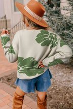 Green Flower Pattern Drop Sleeve Baggy Sweater