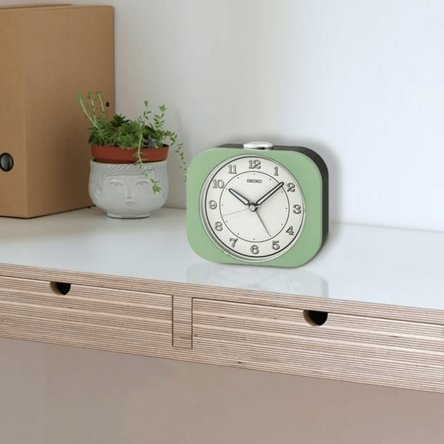 Seiko 4 inch Kyoda Beep Alarm Metallic Green Mid-Century Modern Analog Quartz Desk Clock QHE195MLH EasyOptionXY LLC