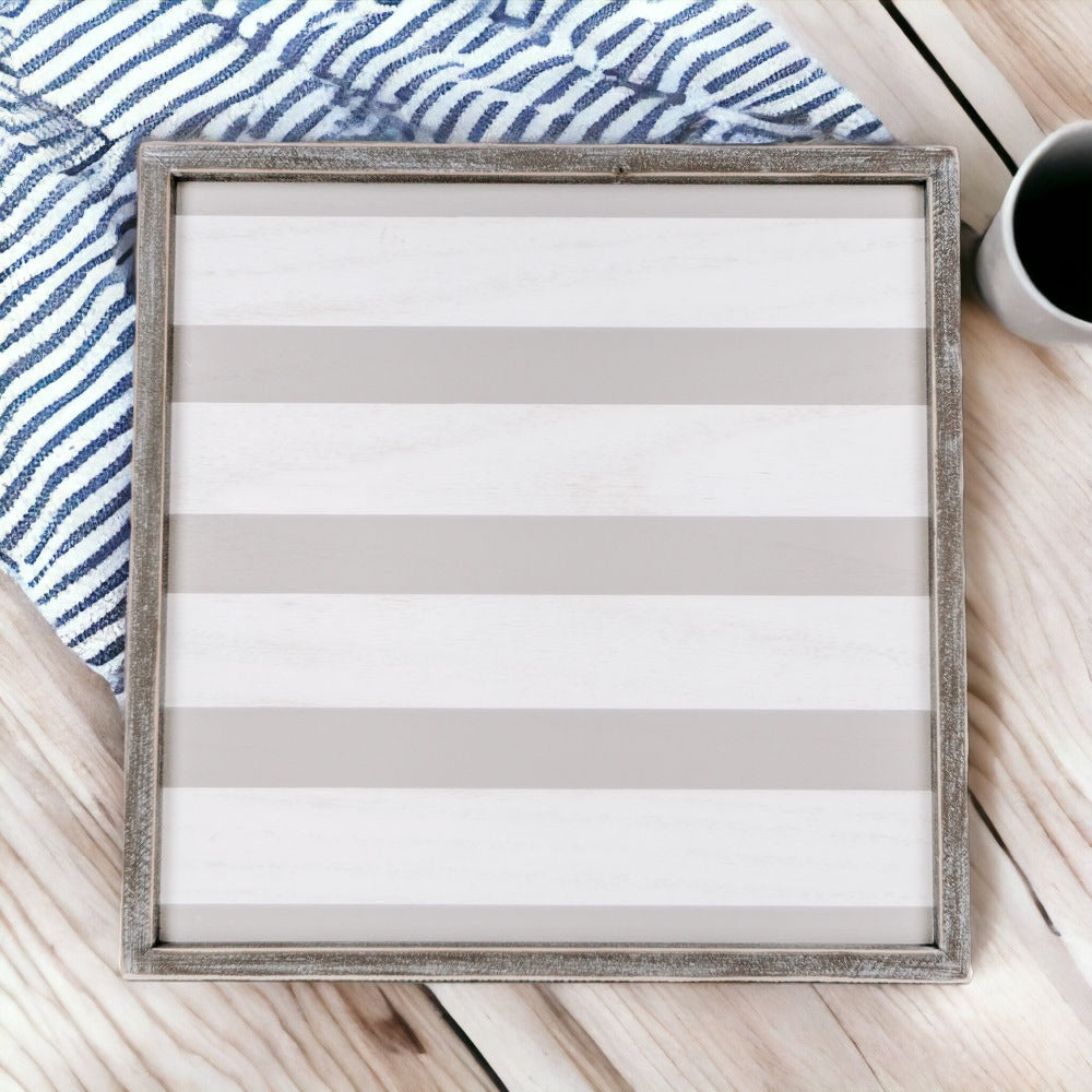 Gray White Striped Wooden Charger Tray 15x15x0.5 Inch Decorative Serving Tray Minimalist Home BandsCo Straps