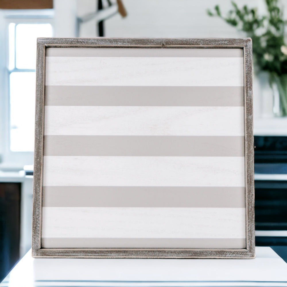 Gray White Striped Wooden Charger Tray 15x15x0.5 Inch Decorative Serving Tray Minimalist Home BandsCo Straps