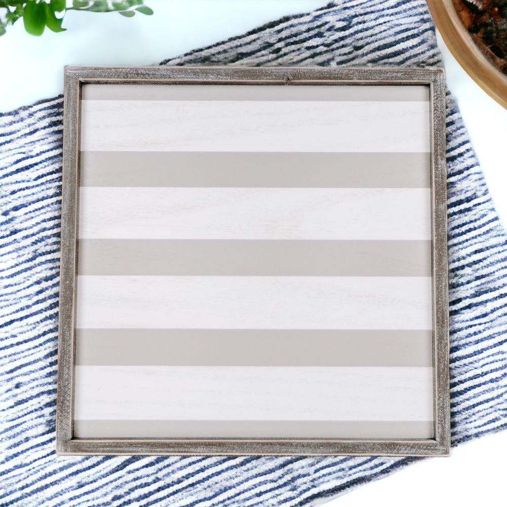Gray White Striped Wooden Charger Tray 15x15x0.5 Inch Decorative Serving Tray Minimalist Home BandsCo Straps