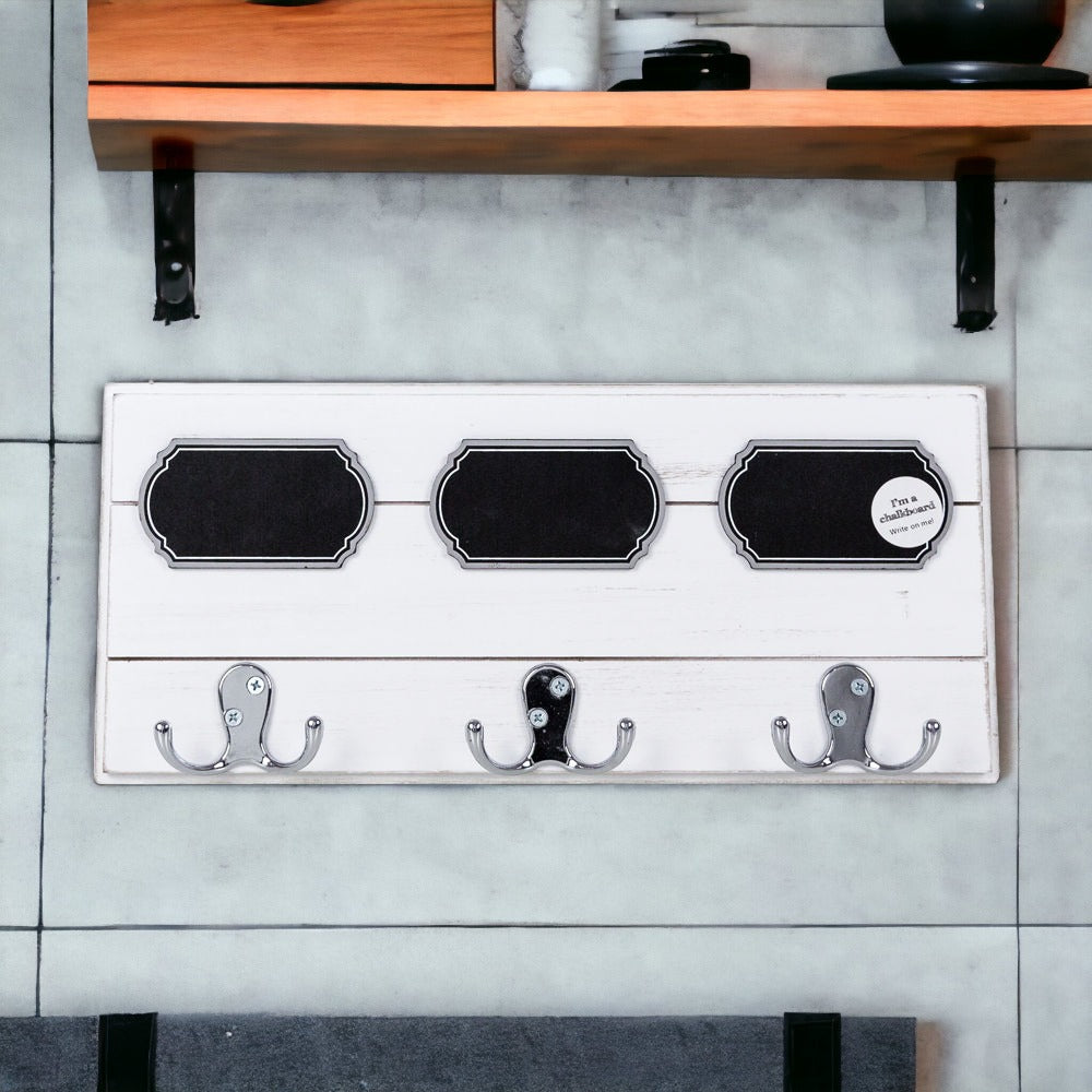 Chalkboard Wood Coat Hanger - Triple Hook Board With 3 Chalk Labels 15x6.75 BandsCo Straps