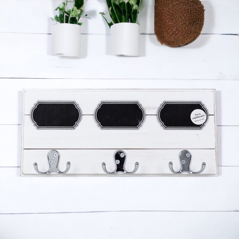 Chalkboard Wood Coat Hanger - Triple Hook Board With 3 Chalk Labels 15x6.75 BandsCo Straps