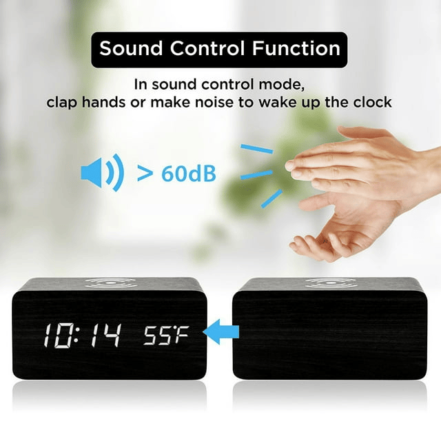 Zunammy Wooden Finish Alarm clock with Wireless Charging (Qi Charging Pads) for phone - Black