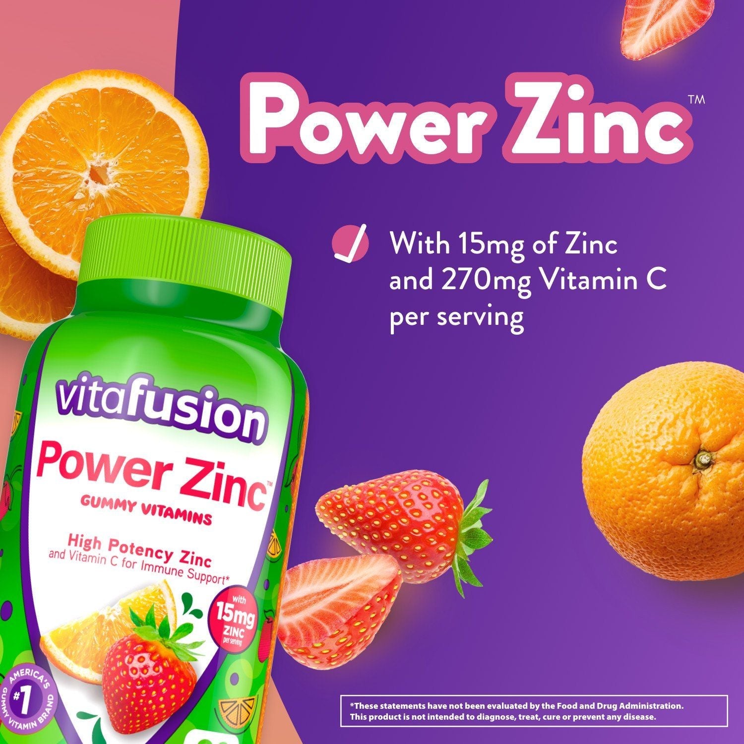 Vitafusion Power Zinc Gummy Vitamins; Strawberry Tangerine Flavored; 90 Count