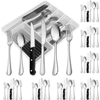 49-Piece Silverware Set with Flatware Drawer Organizer, Durable Stainless Steel Cutlery Set for 8, Mirror Polished Kitchen Utensils Tableware Service with Steak Knives Dinner Fork Knife Spoon & Tray
