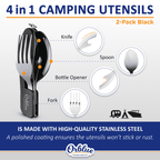 Orblue 4-in-1 Camping Utensils, 2-Pack, Portable Stainless Steel Spoon, Fork, Knife & Bottle Opener Combo Set - Travel, Backpacking Cutlery Multitool, Black
