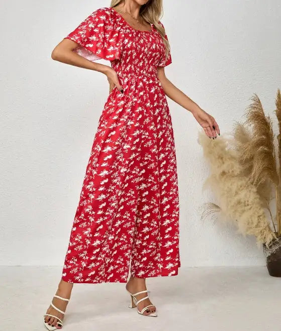 Ladies' Printed Square Neck Fashionable Loose Vacation Style Jumpsuit - SJB-DIAMOND ELITES