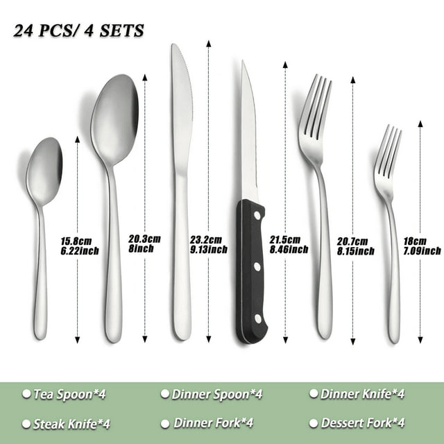 Bestdin 24 Pieces Silverware Set, Flatware Sets with Steak Knives Service for 4, Premium Stainless Steel Mirror Polished Cutlery Utensil Set, Durable Home Kitchen Eating Tableware Set, Dishwasher Safe