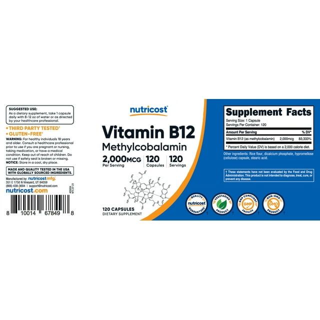 Nutricost Vitamin B12 (Methylcobalamin) 2000mcg, 120 Capsules - Vegetarian Caps, Non-GMO, Gluten Free B12 Supplement EasyOptionXY LLC