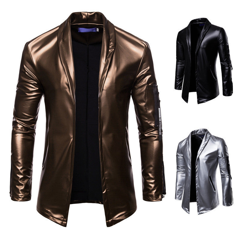 Men's elastic PU leather zipper motorcycle leather jacket Pi-Mart