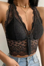 Black Lace Bralette Crop Top - Scallop Trim & Backless Design - SJB-DIAMOND ELITES