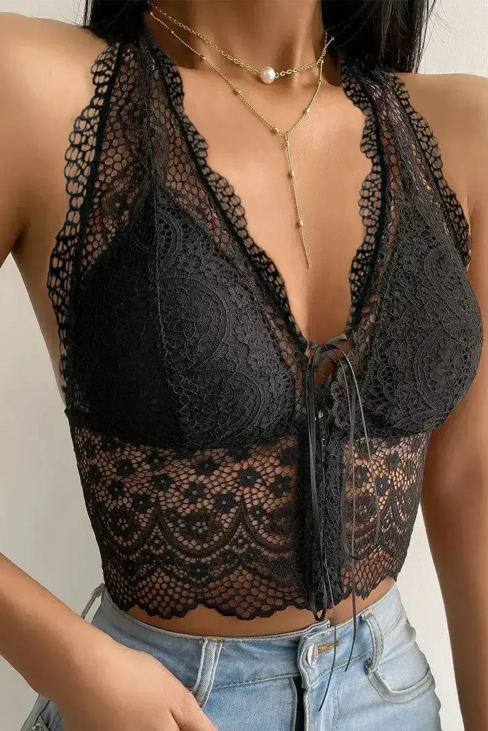 Black Lace Bralette Crop Top - Scallop Trim & Backless Design - SJB-DIAMOND ELITES