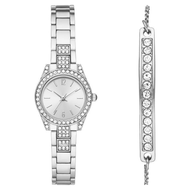 Time & Tru Women's Wristwatch: Silver Tone Watch & Bracelet Set with Crystal Accents (FMDXTT029)
