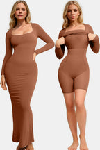 Caramel Built-In Shapewear Dress Square Neck Long Sleeve Maxi Dress Elegant Shapewear Dress For Women