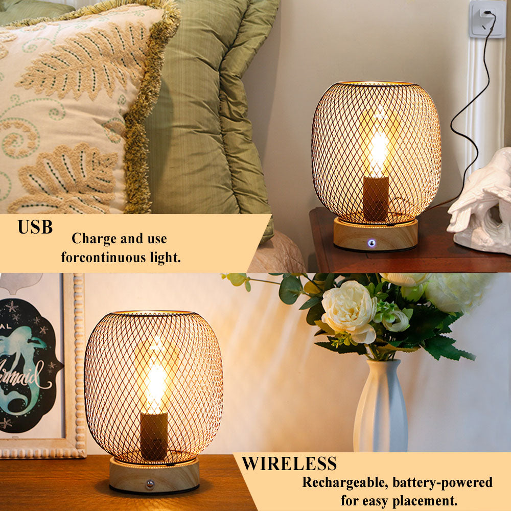 JHY DESIGN Set of 2 Dimmable Touch Bedside Table Lamps 7.5''H Metal Cage Rechargeable Battery Powered Accent Lamps with LED Bulb for Dining Table Parties Patio Indoors Outdoors(Round, Wooden Base) Lootquake LLC