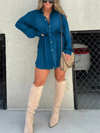Women's Long Sleeve Jumpsuit With Button Fashion Shirt Dress Pi-Mart