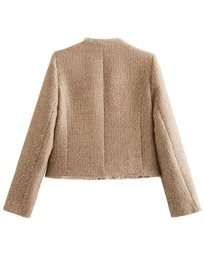 Luxury Camel Raw Hem Pocketed Round Neck Jacket Edgy & Casual Lightweight Outerwear Stevvex
