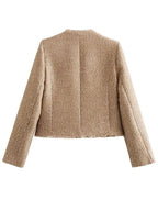 Luxury Camel Raw Hem Pocketed Round Neck Jacket Edgy & Casual Lightweight Outerwear Stevvex