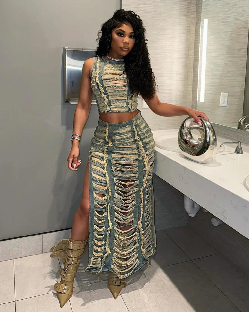 DSMTRC Women Sleeveless Crop Tank Tops and Split Side Maxi Skirt Streetwear Outfits Elegant Ripped Hole Denim Two 2 Piece Dress Purplish Diva