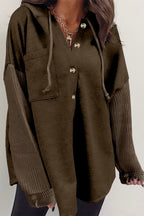 Dark Brown Button Up Contrast Knitted Sleeves Hooded Jacket Lootquake LLC