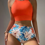 Island Bloom High Waist Bikini Set for Summer – Colorblock Tropical Print Two-Piece Swimsuit with Round Neckline Ultra-Stretch Fit & Applique Detail – Stylish and Comfortable Women’s Swimwear for Pool Beach & Summer Escapes Stevvex